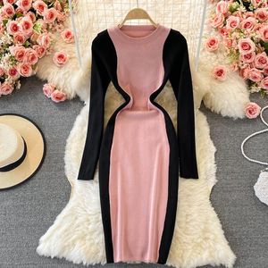 Vestidos casuais magro retalhos outono bodycon malha de algodão camisola midi lápis vestido inverno escritório mulheres estiramento na altura do joelho vestidos