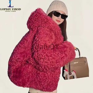 Женские зимние пальто из искусственного меха ягненка. Акция 2023. Новая высококачественная розовая куртка с капюшоном. Женская свободная утолщенная теплая одежда x0907.