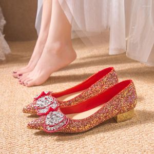 Dress Shoes Glitter Rhinestones Women Pumps Crystal Bowknot Satin Sandals 2023 Red Wedding High Heels Party Prom Designer