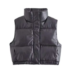 Gilet da donna casual in stile invernale, città della moda, abbigliamento, colletto alla coreana, colore puro, cerniera senza maniche, imitazione PU