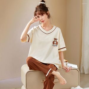 Women's Sleepwear Women Pure Cotton Pajamas M-5XL Sets Short Sleeve Tops Long Pants Home Clothing Pyjamas Female