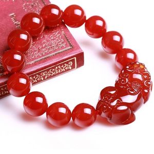 Натуральный красный нефритовый браслет Pixiu, фэн-шуй, мужские и женские украшения, сердолик, эластичный бисер, браслеты-амулет на удачу