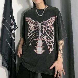 Deeptown Gothic Y2k Skeleton Print Black T-Shirts Women Grunge Punk Hippie Oversize Short Sleeve Top Female Vintage Harajuku Top