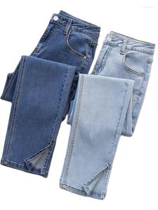 Kvinnors jeans kvinnor chic delade hög midja rak denim byxor kvinnlig stretch casual ankel längd byxor