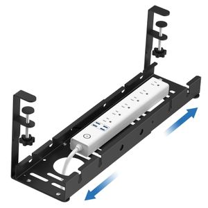 Extendable Under Desk Cable Management Tray: No-Drill Metal Cable Holder with Clamp for Power Strips and Cords