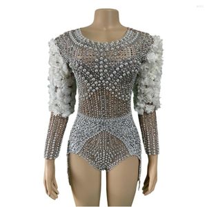 Scen Wear Sparkly Pearl Rhinestone Bodysuits For Women Birthday Show Cheerleader Body Suits Flower Costume Nightclub Leotard