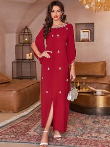 Abbigliamento etnico Festa serale Donna Jalabiya Lavoro manuale Diamanti Maniche con volant Ramadan Eid Abito lungo arabo Arabo marocchino Caftano musulmano