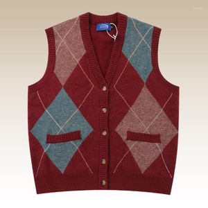 Gilet da uomo Autunno Cardigan con scollo a V Maglione Gilet lavorato a maglia per uomo Modello vintage con geometria a contrasto Lusso britannico versatile