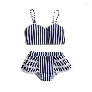 Women's Swimwear 0-4 Years Kids Girls Bikini Set Sleeveless Ruffles Striped Bathing Suits Baby Swimsuits Toddler Beachwear