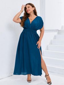 Plus Size Kleider mit V-Ausschnitt für Damen, Fledermausärmel, elastische Taille, A-Linie, hoher Schlitz, Sommer, Strand, Urlaub, tägliche Party, lange Kleider