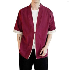 Men's Casual Shirts Linen Japanese Kimono One Button Cardigan Jacket Ancient Style T Shirt For Men Oversized T-Shirt Clothing Y2k Tops