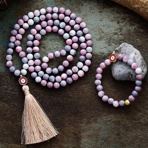 Halskette, Ohrringe, Set, klassisch, 108 Perlen, Malas, 8 mm, lebendige Energie, Heilkristall, Quaste, spirituelle Meditation, Yoga, Armband, Schmuck