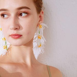 Dangle Earrings Hand-beaded Long Exaggerated White Daisy Petals Fringe For Female Niche Temperament Holiday Style