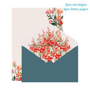 Greeting Cards 6Pcs Printed Flower Envelope Letter Paper Kawaii Stationery Wedding Greeting Card Invitation Bag Office School Supplies Dh1Tc