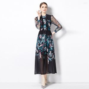 Casual Dresses Autumn Fashion Long Flowy Dress Women's Mesh Sleeve Floral Print Black Vintage Chiffon Vestidos Vacation Feminino