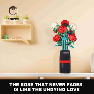 Blöcke Rote Weiße Rosen Blumenbaustein mit DIY Kreativem Pflanzenstrauß Klassisches Modell Valentinstag Mädchengeschenke R230907