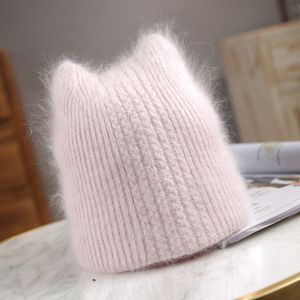 Breda randen hattar hink vinter varm härlig stickad för kvinnor avslappnad mjuk angola kanin päls beanie hattar glris lady bonnet gorros 230907