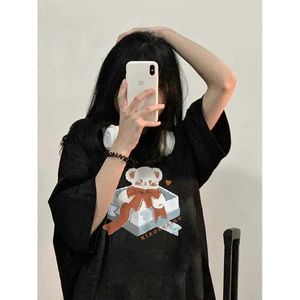 ディープタウンプレッピースタイルベアプリント半袖トップ女性韓国ファッションカワイイ特大Tシャツ女性ハラジュクカジュアルかわいいティー