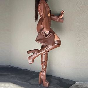 여성 허벅지 부츠 이중 플랫폼 블록 하이힐 위에 무릎 부츠 Zip 섹시 긴 신발 부츠 여자 파티 신발