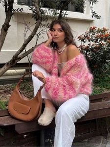 Kadın kazakları yeni pembe çizgili sonbahar ön açık kazaklar uzun fener kollu gevşek tığ işi kadınlar moda vintage gündelik sokak kıyafetleri q230907