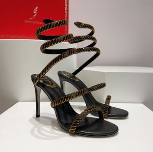 Rene Caovilla Altın Sandallar Rhinestones Süslenmiş Metalik Korteks Yılan Strass Stiletto Topuk Sandalet Akşam Ayakkabıları Lüks Tasarımcılar Ayak Bileği Sargısı Ayakkabı