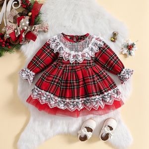 Girl s Dresses 1 5Y Christmas Children Girls Casual Princess Kids Lace Flower Red Plaid Ruffle Elegant Party Gown Xmas Dress 230906