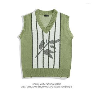 Men's Vests Matcha Green V-neck Vest Fashion Stripe Color Matching Thickened Sweater Men Autumn Winter Pullover Knitted Embroidery Tank Top
