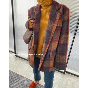 Mulheres misturas de lã mulheres xadrez blazers de lã tweed jaqueta de inverno trench coat elegante chique sobretudo coreano roupas de moda ternos outono pelúcia 230906