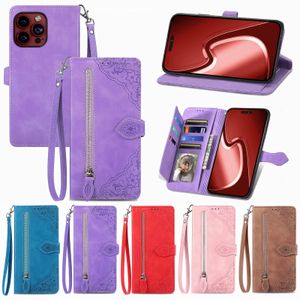 Leather Zipper Multi-Cards Wallet Cases for iPhone 15 Pro Max 14 13 12 11 XR XS X 8 7 Plus Card Holder Flip Stand Embossed Flower Phone Cover Conque