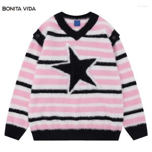 Men's Sweaters Harajuku Star Detachable Sleeve Sweater Men Autumn Streetwear Hip Hop Knitted Fluffy Fuzzy Stripe Jumper Pullover Casual