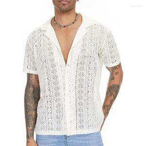 Men's Casual Shirts Mens Floral Lace See Through Shirt Summer Short Sleeve Button Down Hollow Out Transparent Male Loose-Fitting Tops