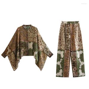 Women's Two Piece Pants SuperAen 2023 European And American Style Patchwork Cloak Shirt Printed Long Pieces Set