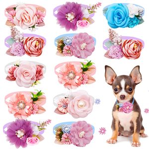 Hundkläder Fashion Flower Bowties Pearl Diamond Pet Bows For Bow Tie Collar Valentine's Day Spring Grooming Products 230906