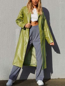 Женская кожаная осенне-зимняя женская куртка из искусственной искусственной кожи, повседневное свободное длинное пальто с лацканами и поясом на завязках, винтажная уличная одежда