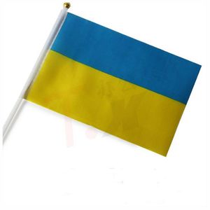 Ganze Polyester-Flaggen 14 21 cm Ukraine-Flagge mit Kunststoffstange kleine Siebdruckflaggen direkt ab Werk 100 Stück LOT281p