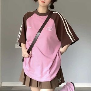 Deeptown Hippie Kpop Pink Striped T-shirts Women American Vintage Streetwear Oversize Patchwork Short Sleeve Top Harajuku Tee