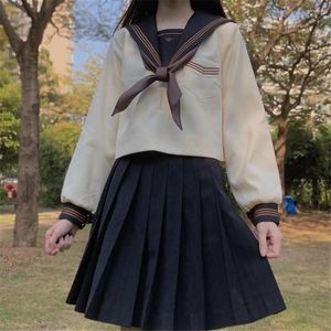 衣類セット日本の学校の制服jkガールS-xxlネイビーブラウンスカーフカレッジスーツセーラーコスチューム女性セクシーなシャツプリーツスカート
