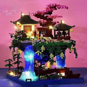 Blocos suzhou jardim templo pavilhão cachoeira led luz diamante blocos modelo brinquedo para crianças brinquedos r230907