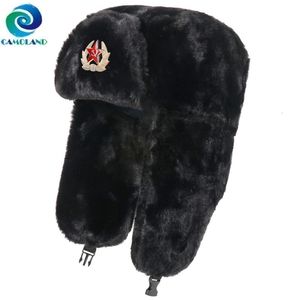 BeanieSkull Caps CAMOLAND Women Winter Hats Warm Faux Fur Bomber Hat For Men Soviet Army Military Badge Male Thermal Earflap Cap Russia 230907