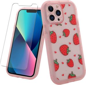 Mobiltelefonfodral Mzelq iPhone 13 Pro Max Case Pink Strawberry Mönster Soft TPU Camera Protective Film Screen Protector Film Sweet Girls and Womenl2030907