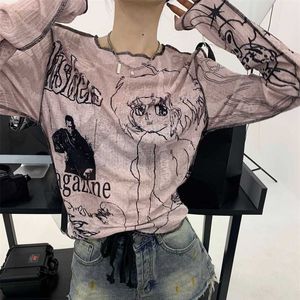 Grunge Y2k Anime Print Pink T-shirts Women Kpop Streetwear Letter Long Sleeve Tees Female Harajuku Vintage crop Tops