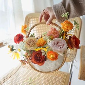 Vases Flower Basket Grass Vine Linen Handmade Woven Vase Garden Pot Decorative Wedding Candy Storage Case For Office Desktop