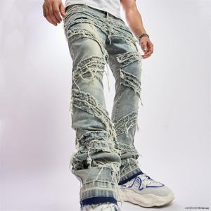 Männer Jeans Männer Vintage Stilvolle Lose Zerrissene Patch Hosen Streetwear Männliche Feste Beiläufige Gerade Denim Hosen