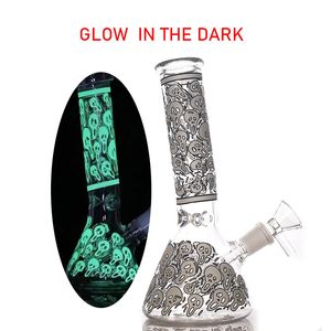 1pcs 8inch Glass Beaker Bong 14mm Female Recycler Ash Catcher Bong Glow In The Dark Skull Shape Dab Rig Bongs with Downstem male Oil Burner bowl Pipes