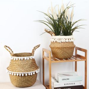 Förvaringskorgar Seagrass Basket Wicker Folding Nordic Plant Pot Holder Home Decor Picnic Tvätt Leksaker Panier Osier Cesto Mimbre