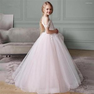 Платья для девочек, светло-розовый цветок, на свадьбу, с аппликацией, кружевное прозрачное платье с короткими рукавами, милая маленькая принцесса для первого причастия, подарки для детей