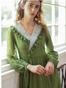 Casual Dresses Green Dress Spring Women Vintage Elegant Slim Long Sleeve Embroidery Sexy Lace V-Neck Cotton Ropa Mujer Talla Grande