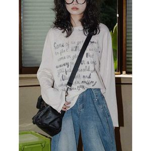 Deeptown Korean Style Oversize Beige T-shirts Women Vintage Streetwear Letter Long Sleeve Top Female Grunge Distressed Tshirts