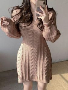 Casual Dresses 2023 Autumn Winter Knit Knitted Sweater Dress Women Vintage Solid Slim Wrap Long Sleeve Mini Short Party