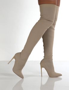 Mulheres outono sobre o joelho botas stiletto salto alto deslizamento em tubo de malha elástica sapatos bege preto retro sexy bota feminina para meninas sapatos de festa 35-43